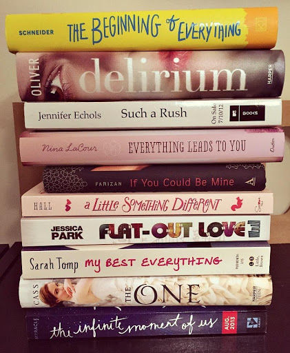 Book spines say: The beginning of everything, delirium, such a rush, everything leads to you, if you could be mine, a little something different, flat-out love, my best everything, the one, the infinite moment of us