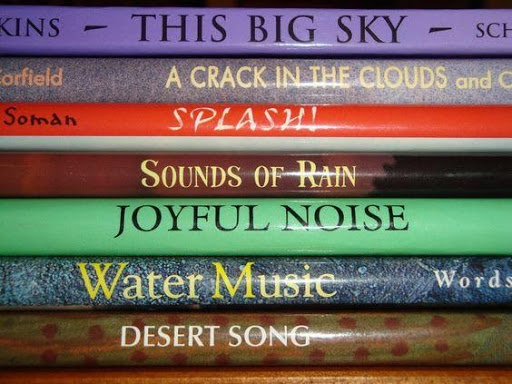 Book spines say: This big sky, a crack in the clouds, splash!, sounds of rain, joyful noise, water music, desert song