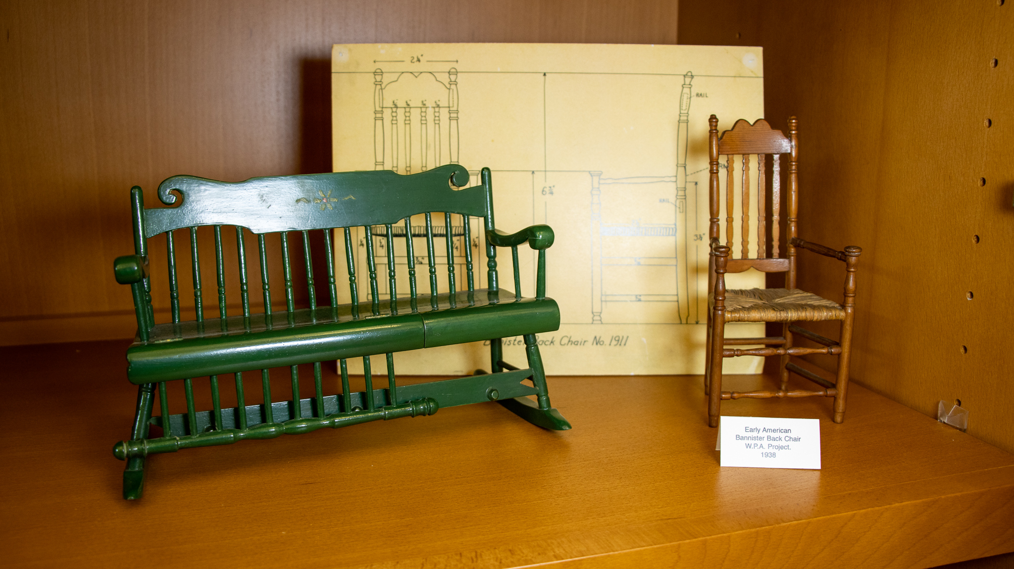 WPA Doll Furniture: Green Bench; Early American Bannister Back Chair, WPA Project, 1938