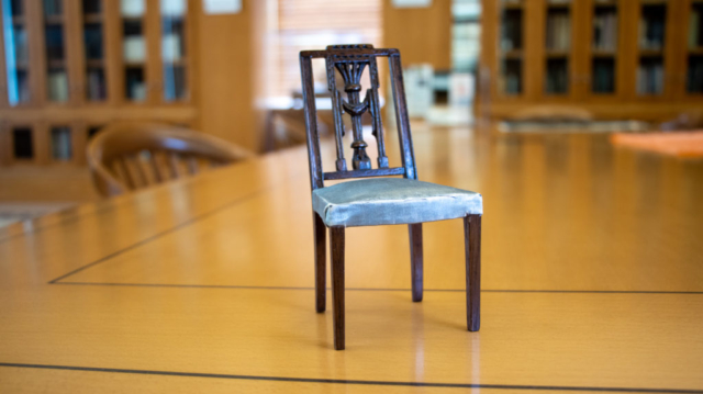 WPA Doll Furniture: Chair with dark brown stain and light blue fabric