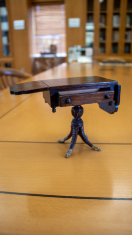 WPA Doll Furniture: End table with adjustable ends and open drawer with dark brown stain