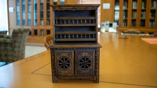 WPA Doll Furniture: Elaborate cabinet with two shelves and detailed cabinets