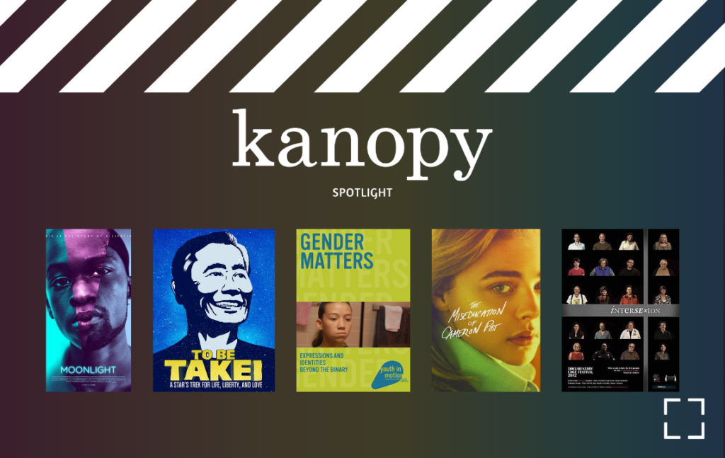 Graphic says Kanopy Spotlight with the movie posters of Moonlight, To Be Takei, Gender Matters, The Miseducation of Cameron Post, and Intersexion